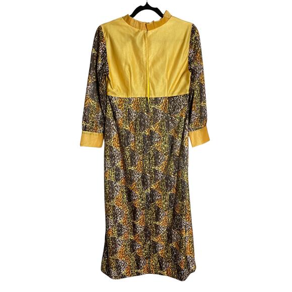 60s Mayfair Cotton Lined Yellow Fall Abstract Maxi Dress Pleated Long Sleeve - Picture 5 of 8